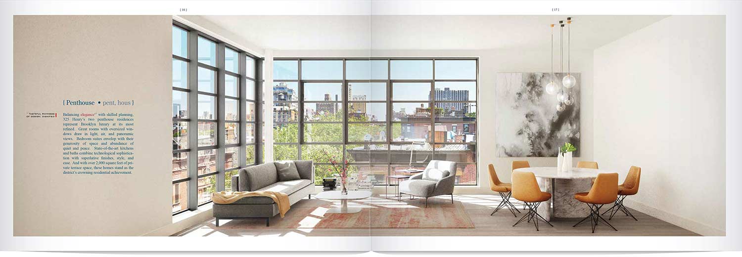 brochure spread showing penthouse's greatroom interior