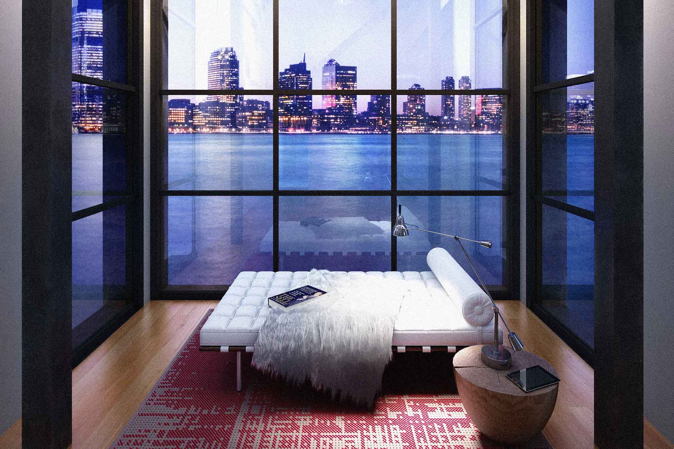 Rendering of study room with water view of New Jersey