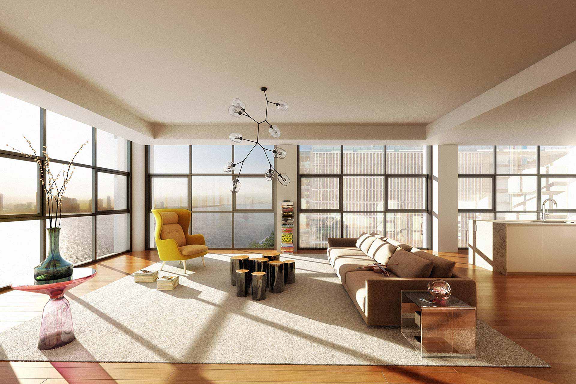 Greatroom rendering with view out Hudson River