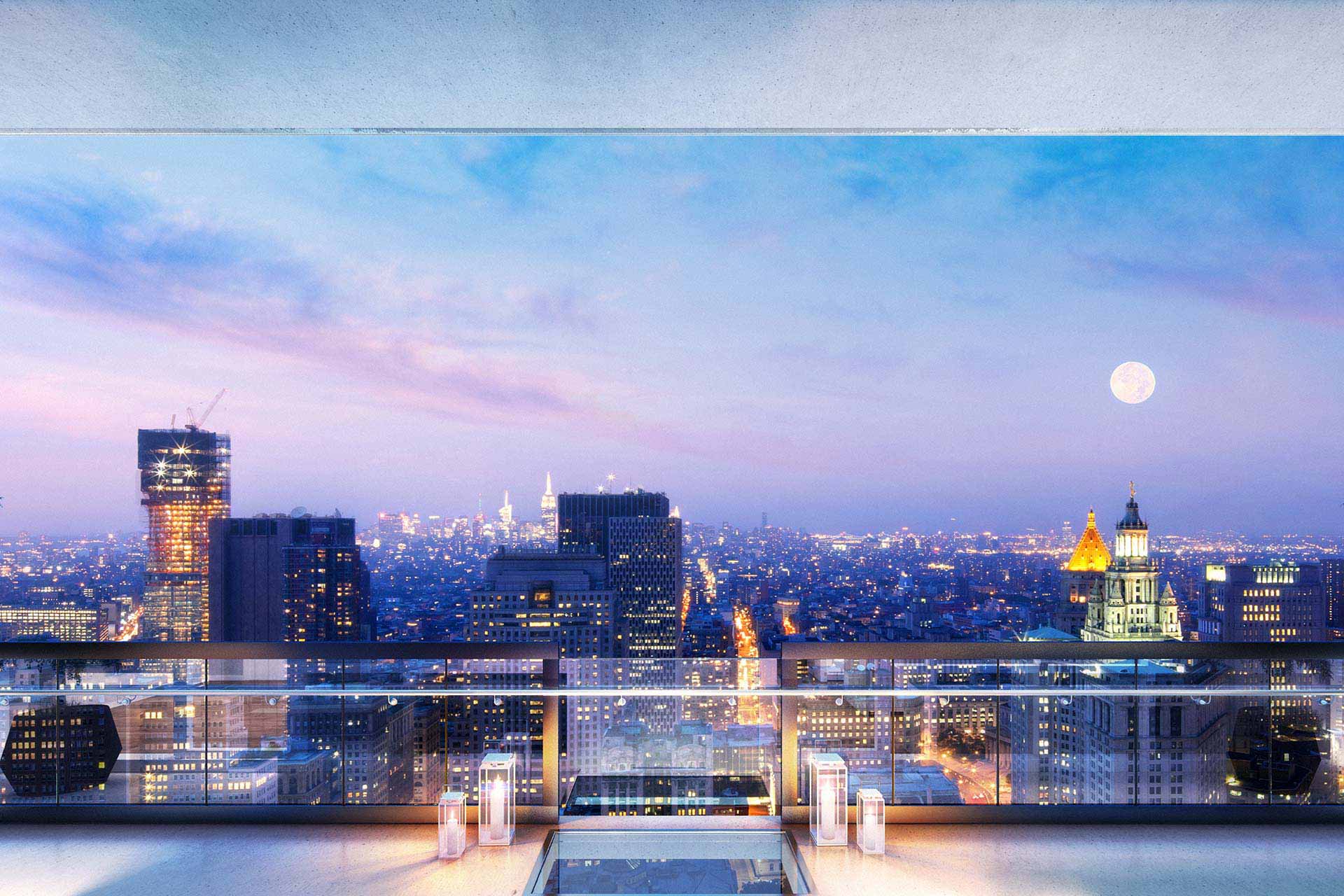 Downtown penthouse rendering with Manhattan night view