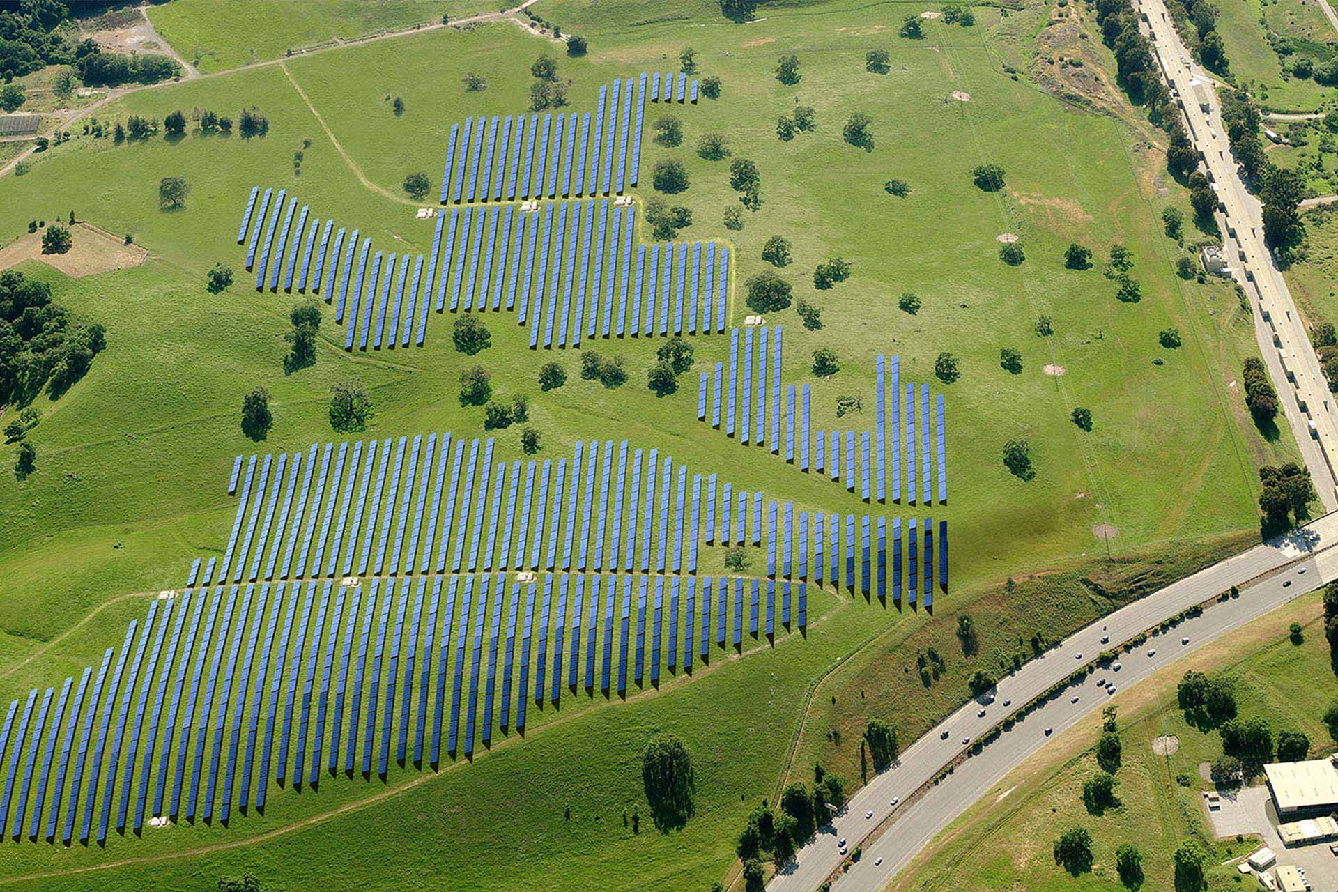 Aerial visualization of solar array layouts in California